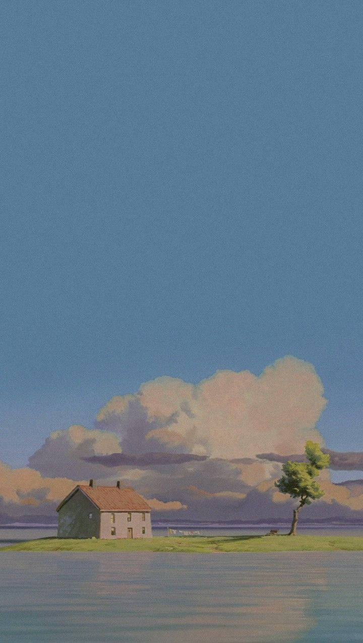 藍天白雲下，一座被水環繞的草島上的小屋。 — 柔和美學 GIF 壁紙
