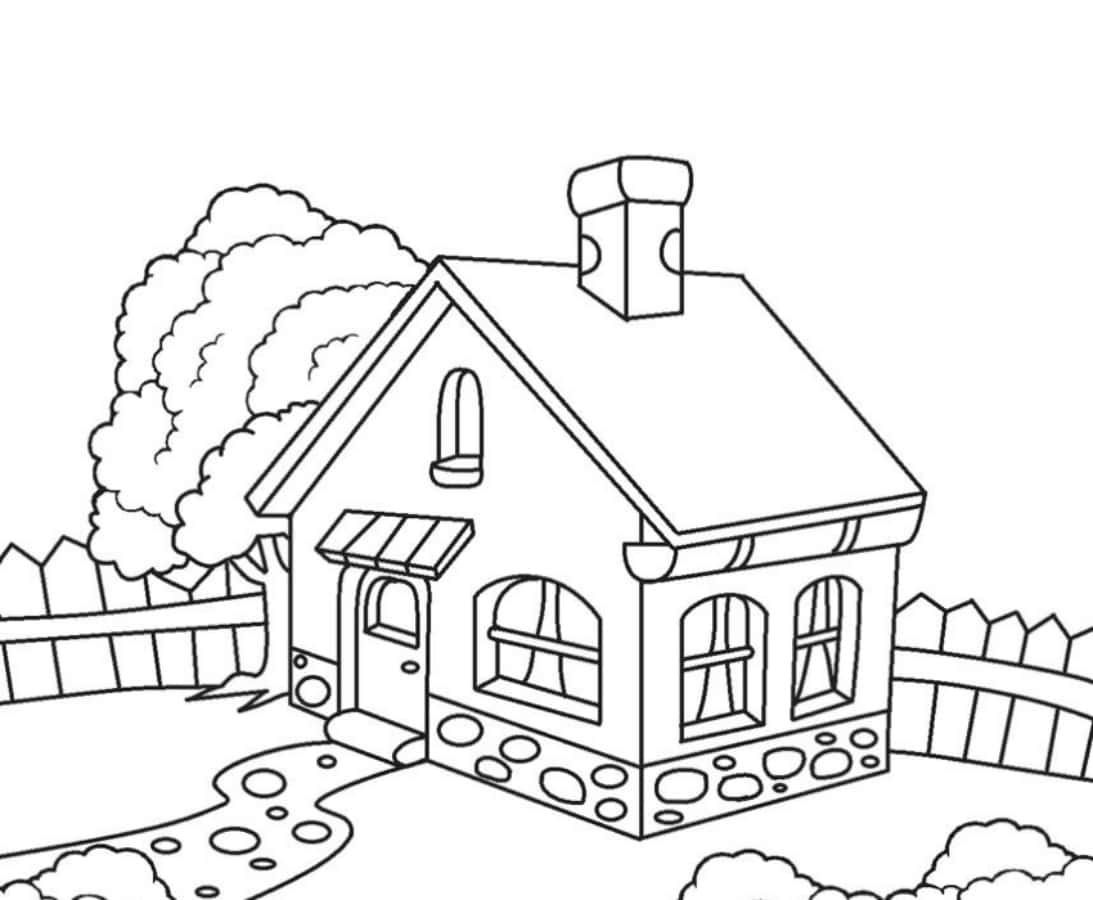 House Colouring 桌布 壁紙 — 一間舒適房屋的迷人黑白線條畫，房屋有石頭地基、拱形窗戶，旁邊有樹木和尖樁籬笆。