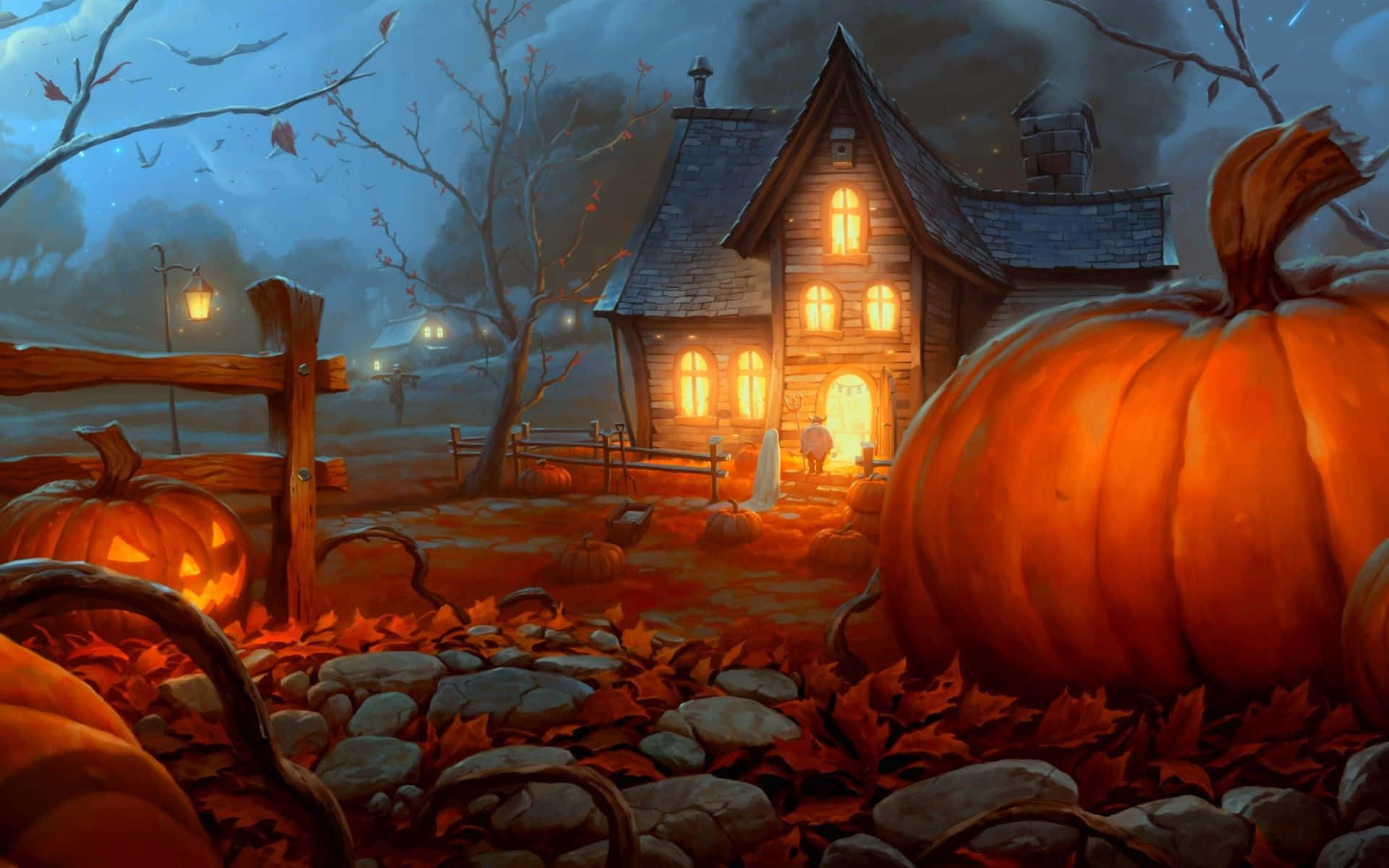 Animated Halloween 桌布 壁紙 — 一間舒適發光的鬼屋，周圍環繞著巨大的南瓜和秋葉，在黑暗的暮色天空下。