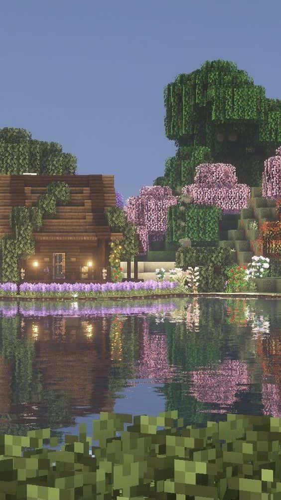 我的世界 桌布 壁紙 — 一間舒適的Minecraft小屋坐落在清澈天空下，被像素化樹木和紫色花朵環繞的倒影池塘旁。