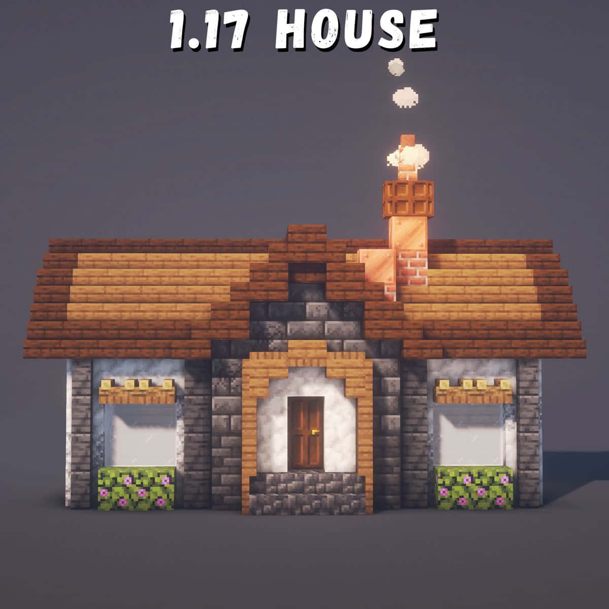 Minecraft Architecture 桌布 壁紙 — 一間舒適的Minecraft房屋，有石牆、木屋頂和煙囪，在灰色背景下冒煙。