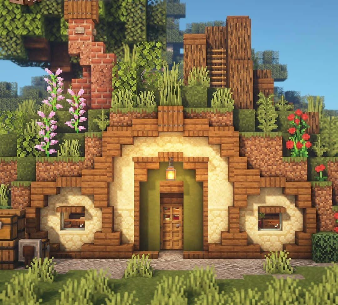 Minecraft Architecture 桌布 壁紙 — 一間舒適的Minecraft風格房屋，帶有木門和石拱門，坐落在一個開滿花朵的像素森林中。
