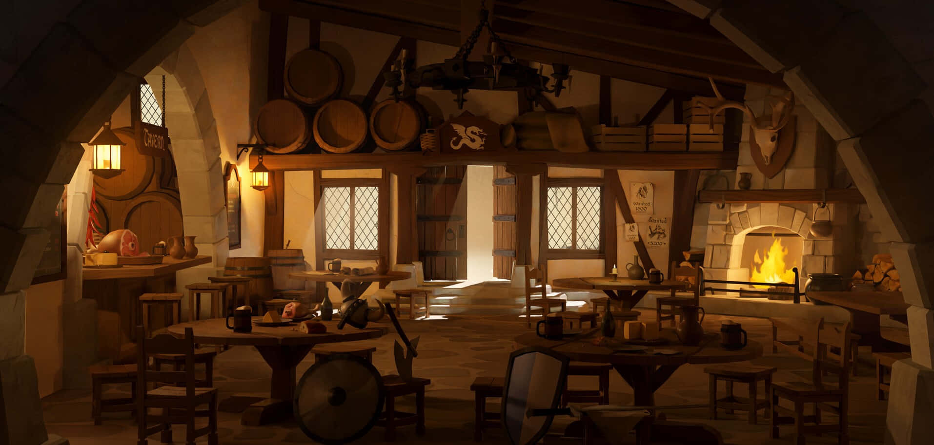 Tavern 桌布 壁紙 — 一間舒適的中世紀小酒館，設有木桌、椅子、木桶和一個熊熊燃燒的壁爐，透過菱形窗戶投射出溫暖的金色光芒。