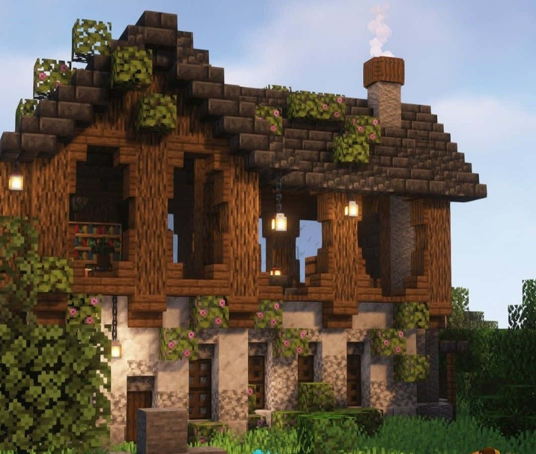 Minecraft Architecture 桌布 壁紙 — 一間舒適的像素化Minecraft房屋，有木樑、石頭地基，屋頂和牆壁上長滿粉紅色花朵，在晴朗的藍天下。