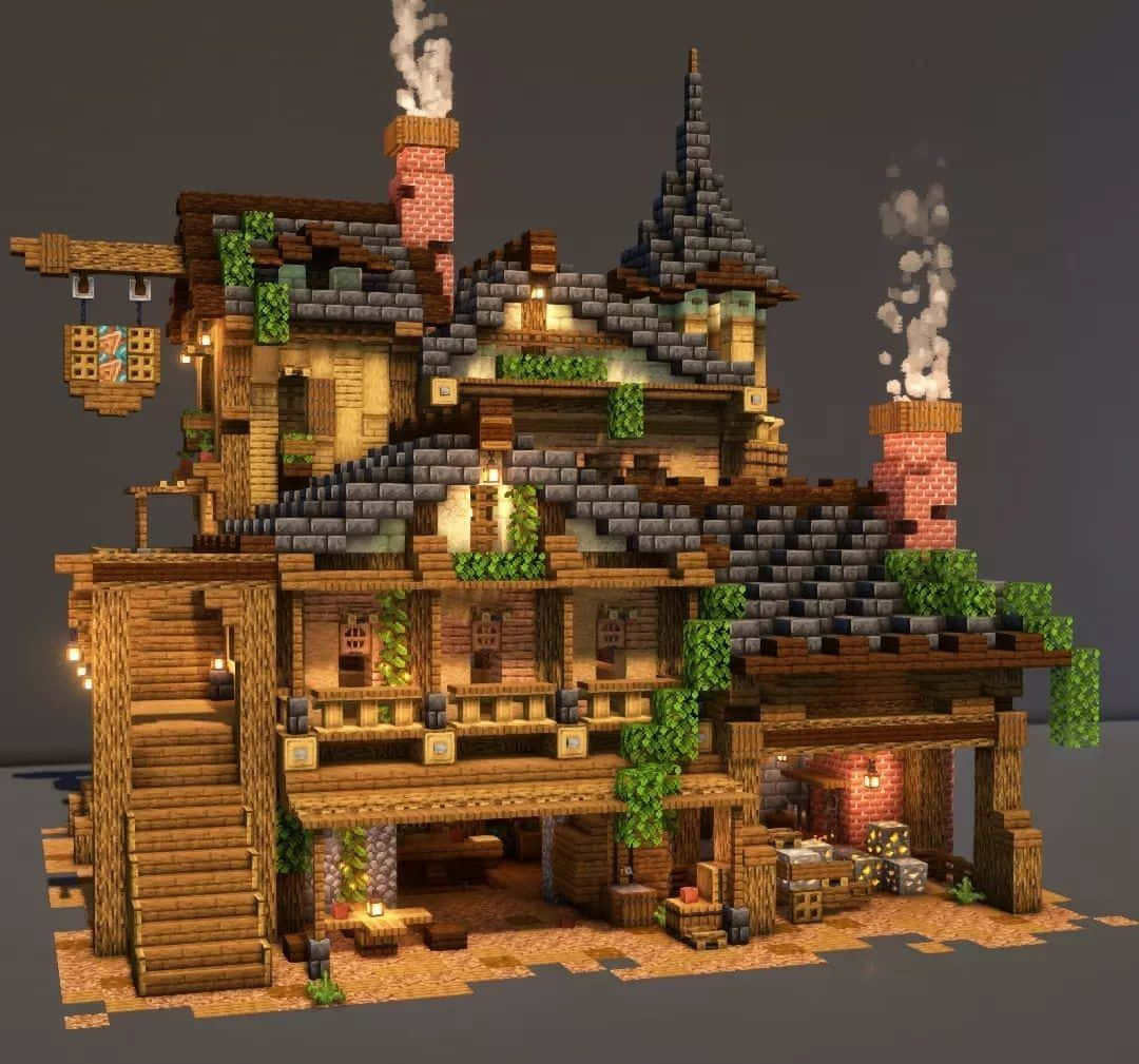 Minecraft Architecture 桌布 壁紙 — 一間舒適的像素化木屋，配有石頭屋頂和冒煙的煙囪，在黑暗背景下溫暖地亮著燈光。