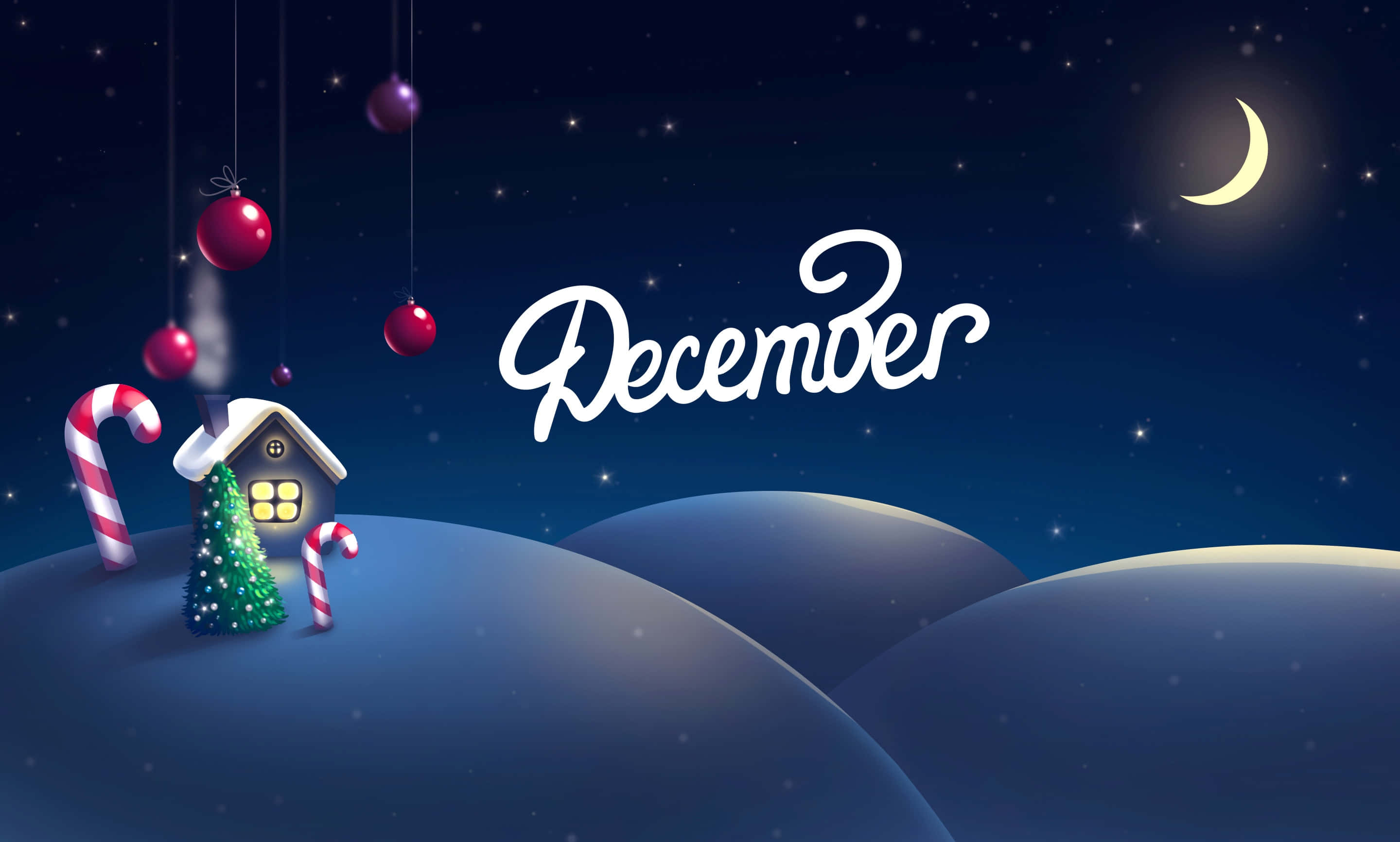 Hello December 桌布 壁紙 — 一間舒適的冬季小屋坐落在白雪皚皚的山丘上，星空下掛滿裝飾品和拐杖糖。