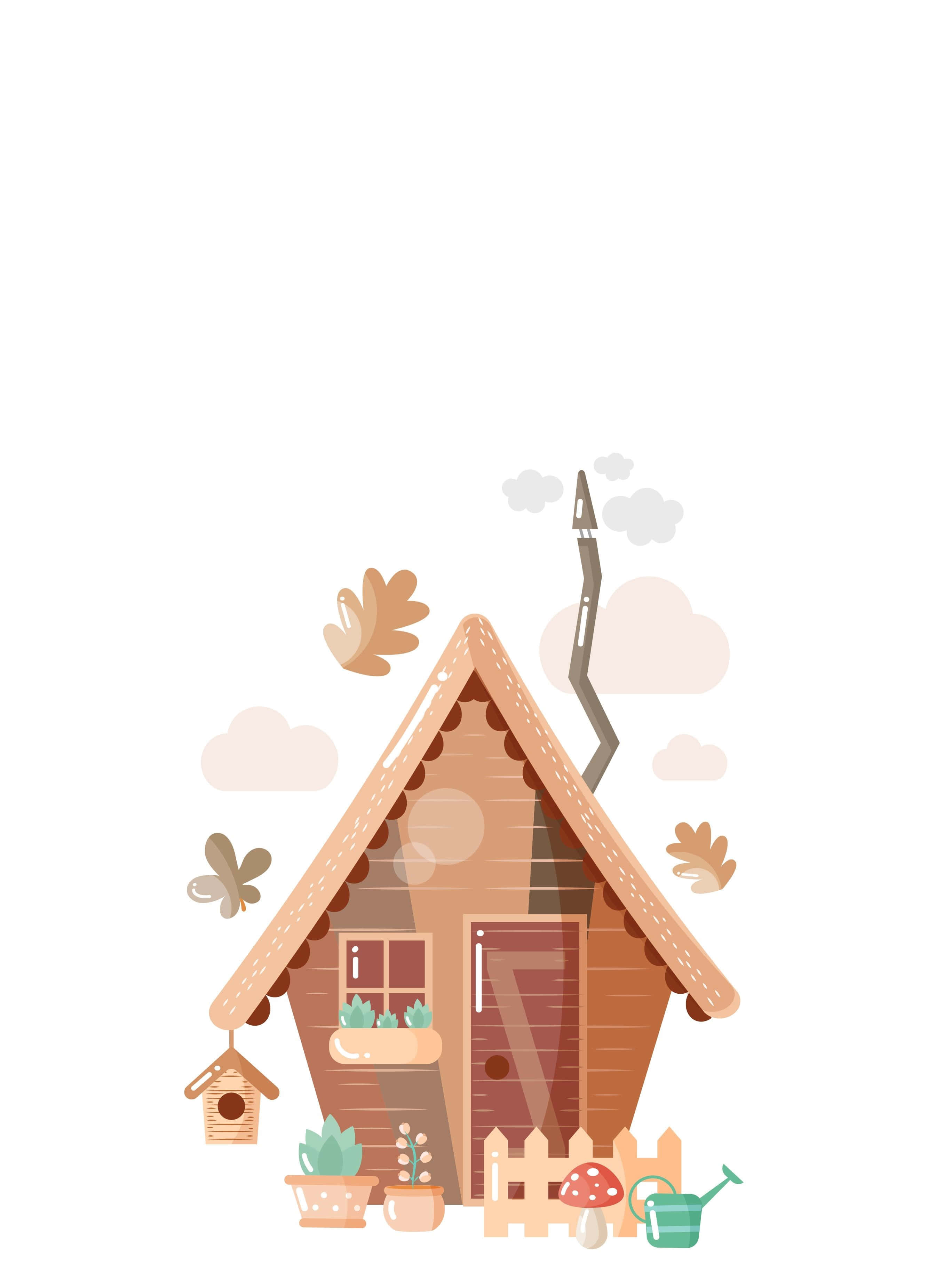 Home 桌布 壁紙 — 一間舒適的卡通小屋，煙囪冒著煙，周圍環繞著秋葉和花園盆栽，在柔軟的雲朵下。