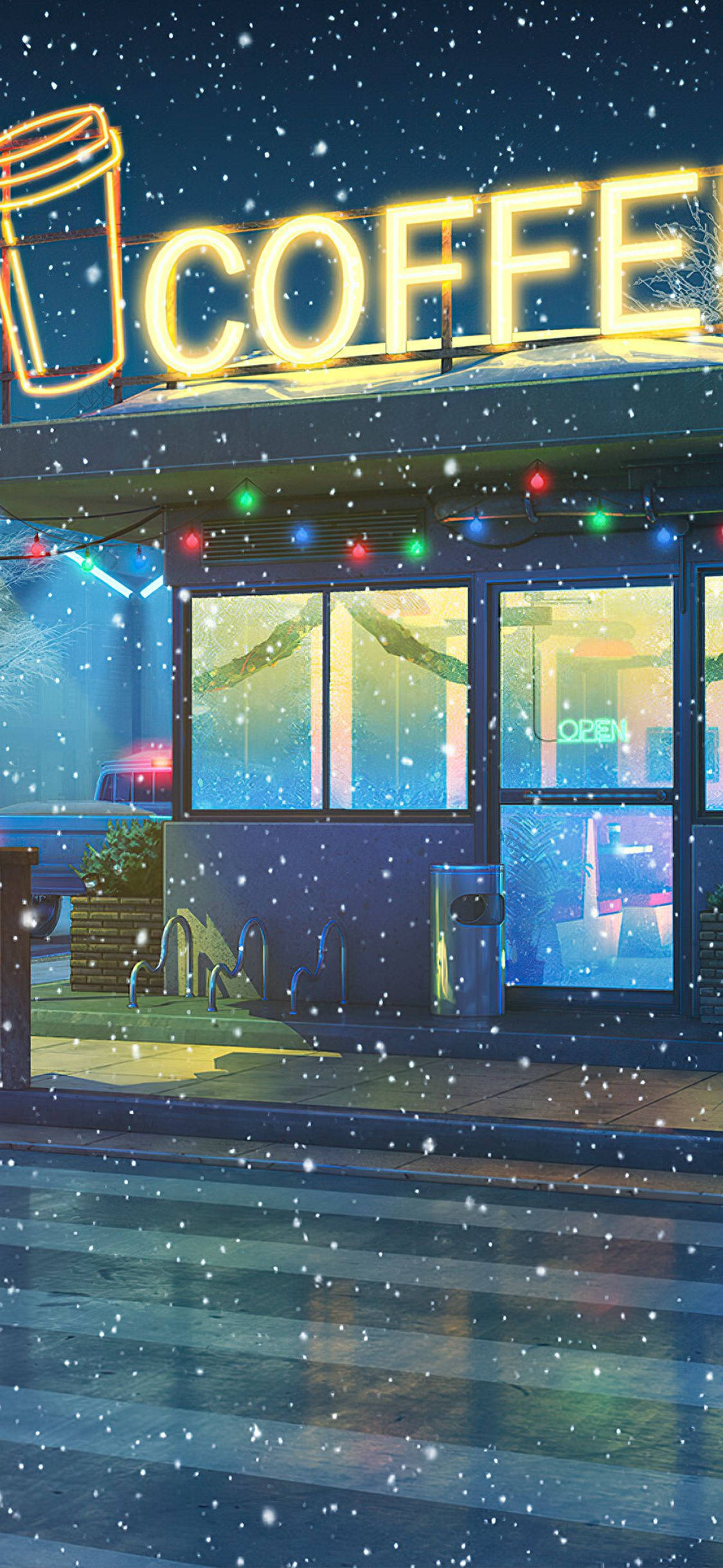 雪 桌布 壁紙 — 一間舒適的咖啡店，在夜晚飄雪下閃爍著霓虹燈光。