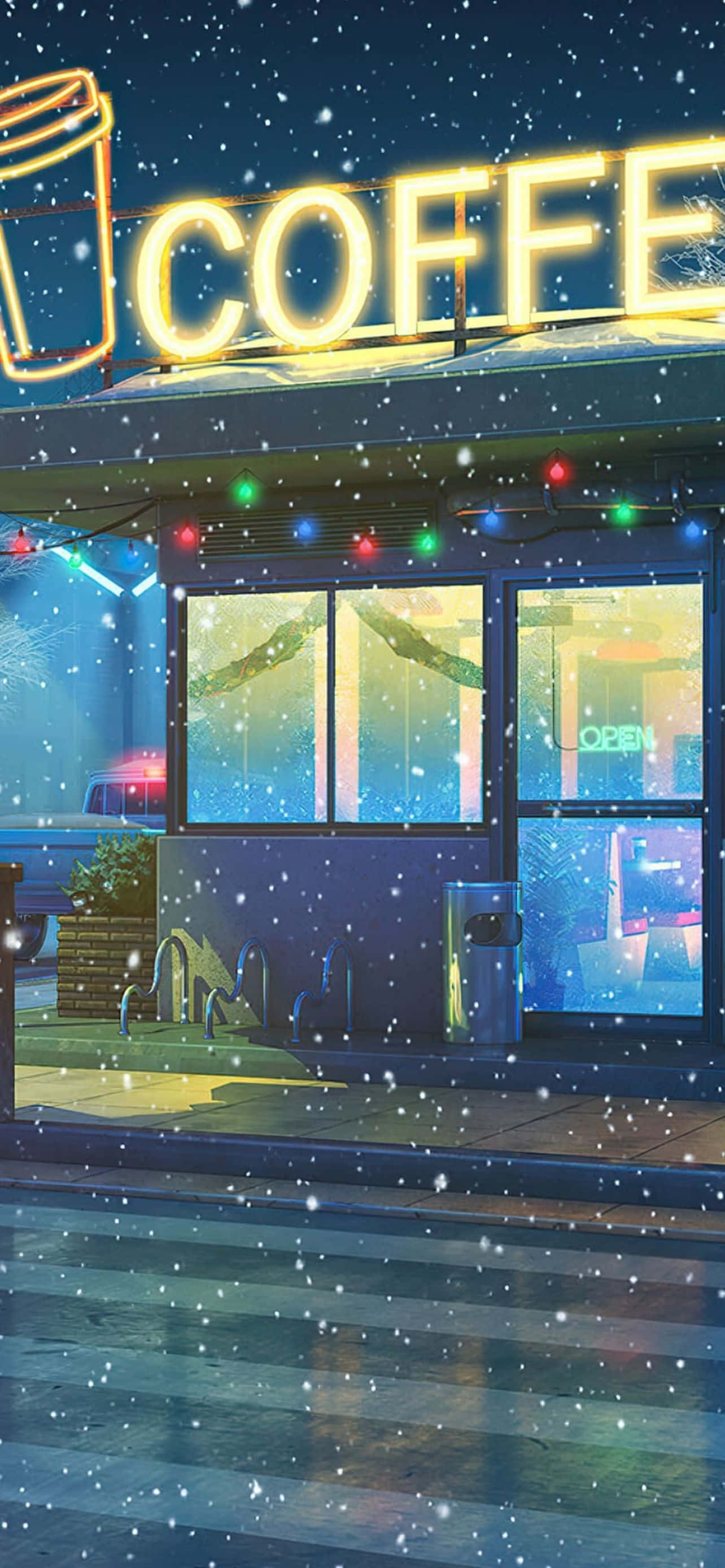 酷炫iPhone 桌布 壁紙 — 一間舒適的咖啡店在寂靜的冬夜裡，在飄雪下閃爍著霓虹燈和節日燈串。