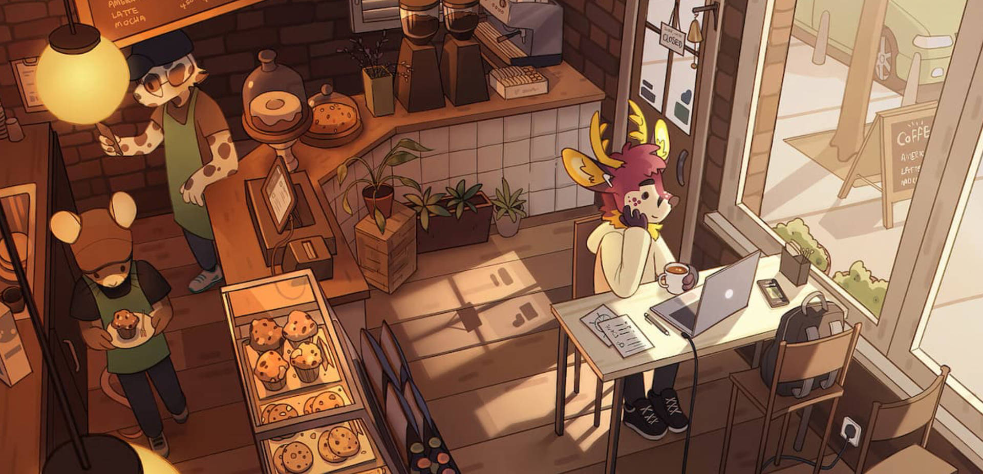 舒適咖啡館中的擬人化動物，有糕點和筆記型電腦。 — 4K 壁紙