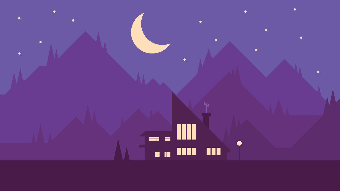 Violet 桌布 壁紙 — 一間舒適的小屋，帶有溫暖的燈光，坐落在紫色山脈之中，上方是新月和星空夜空。