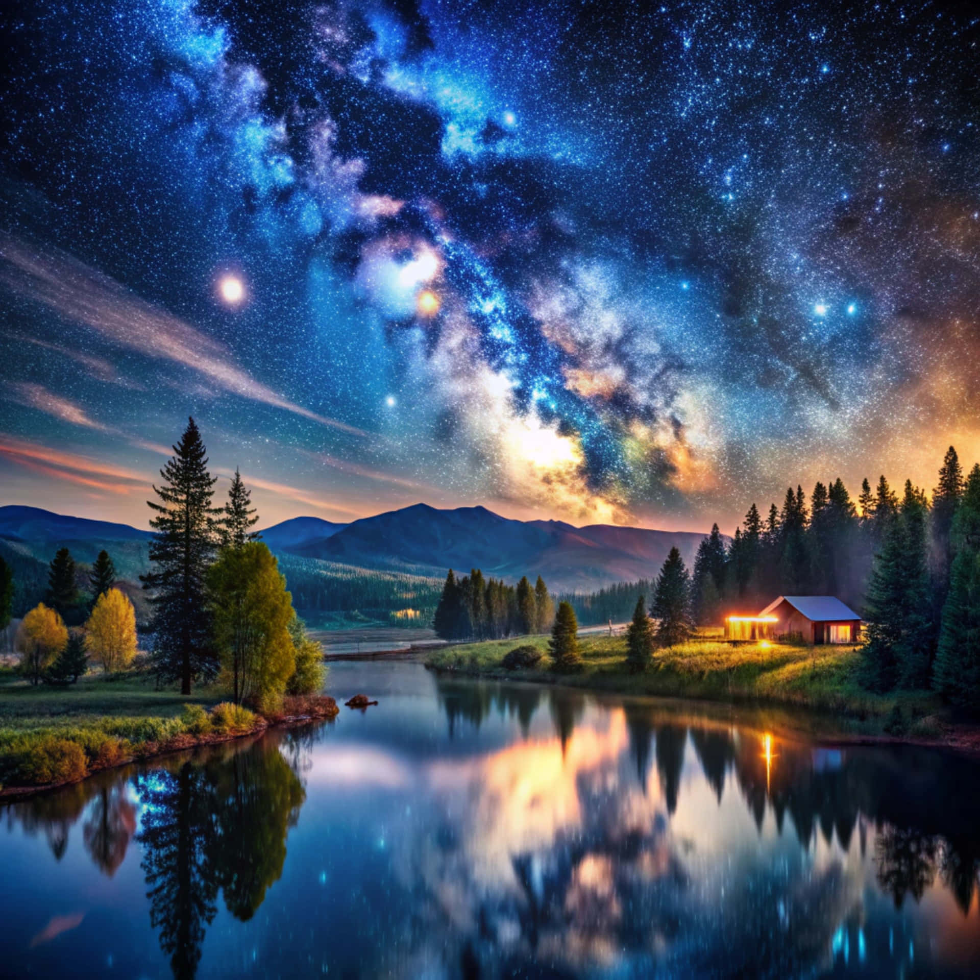 Night landscape 壁紙 — 一間舒適的小屋在寧靜的河邊溫暖地發光，在令人嘆為觀止的星空下，呈現出鮮豔的藍色和橙色色調。