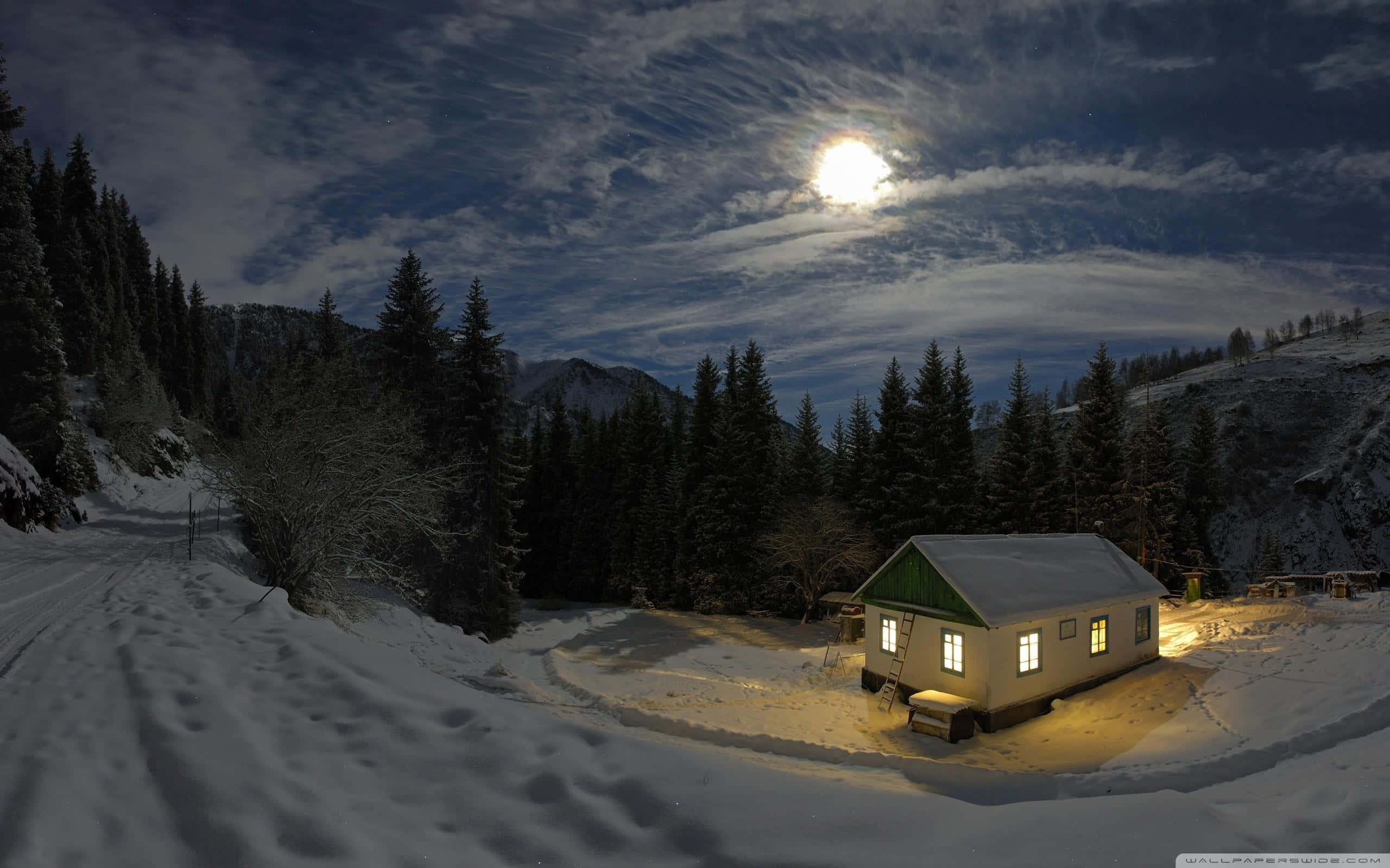 Winter Night Desktop 桌布 壁紙 — 一間舒適的小屋在明亮的月光下溫暖地發光，周圍是白雪覆蓋的松樹和山脈。