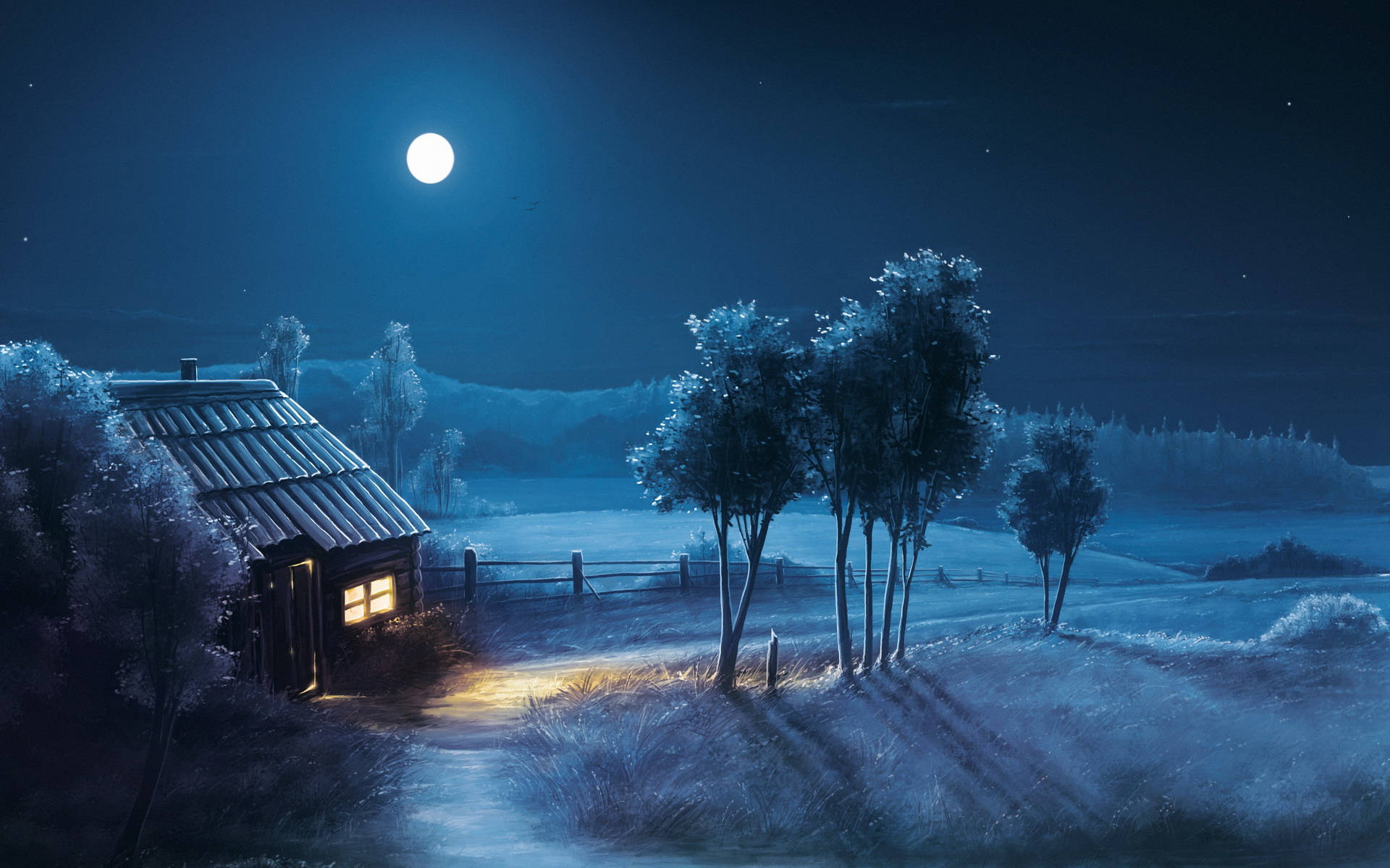 夜空 桌布 壁紙 — 一間舒適的小屋在滿月下，在寒冷的冬夜景色中溫暖地發光。