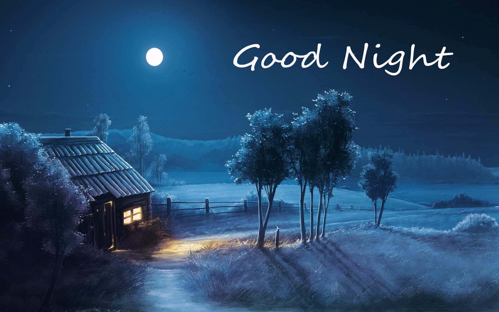 good night animated 桌布 壁紙 — 一間舒適的小屋在滿月下溫暖地發光，背景是霜凍的冬夜景觀，有積雪的樹木和蜿蜒的小徑。