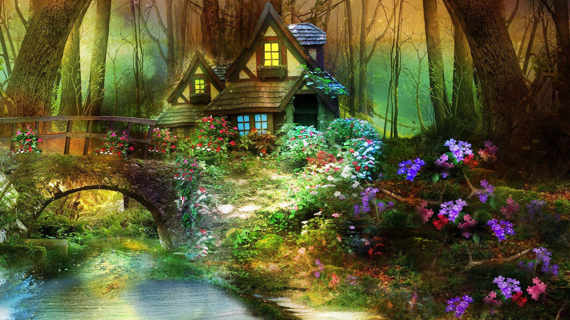 Mystical Forest 桌布 壁紙 — 一間舒適的小屋坐落在充滿活力的魔法森林中，有一座石橋橫跨發光的小溪，周圍環繞著色彩繽紛的花朵。
