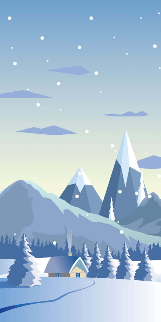 Snow iPhone 桌布 壁紙 — 一間舒適的小屋坐落在白雪覆蓋的松樹林中，下方是高聳的藍色山脈，伴隨著輕柔的降雪。