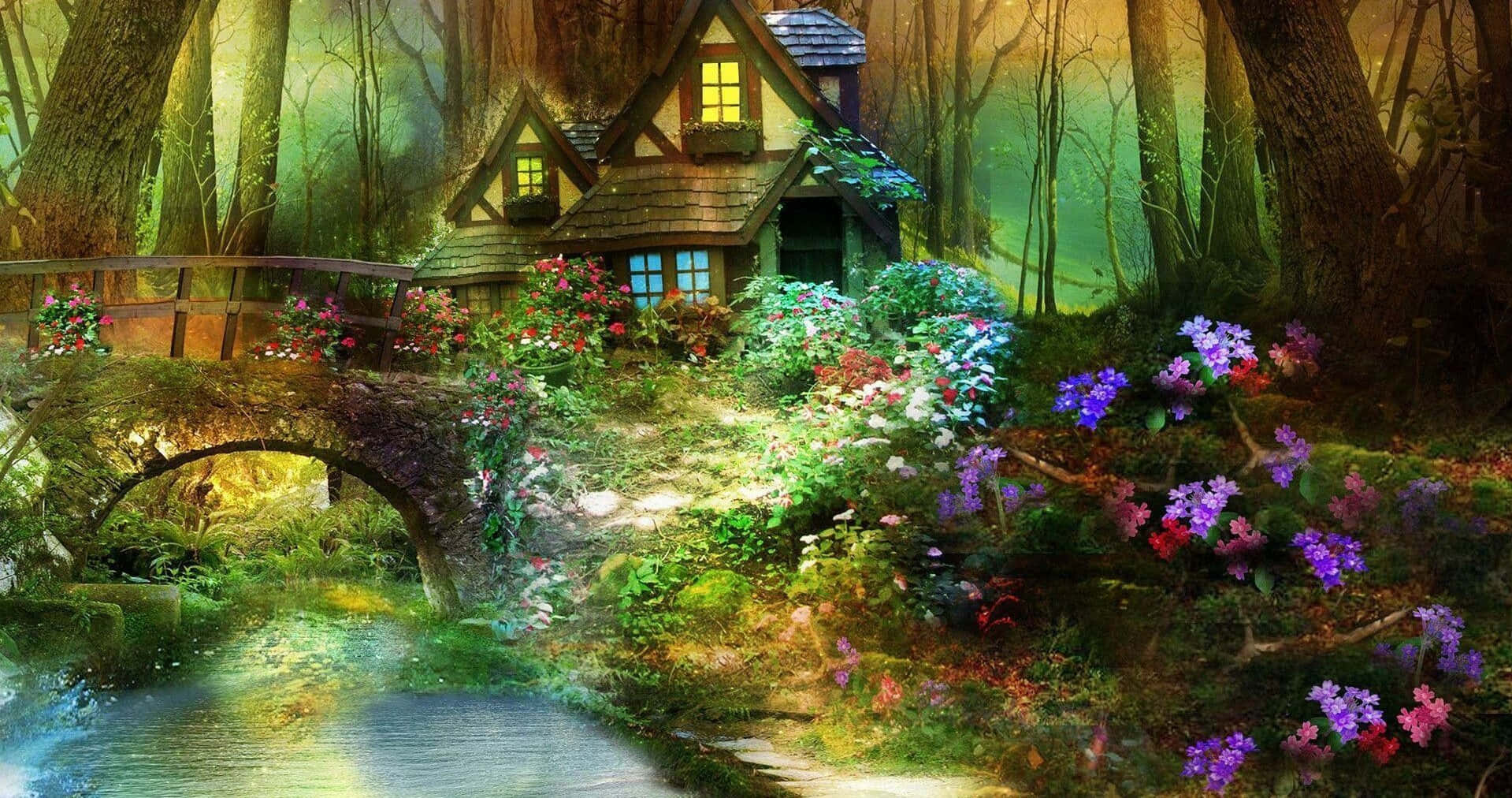 Beautiful Forest 桌布 壁紙 — 一間舒適的小屋坐落在茂密的森林中，有一座石橋橫跨閃閃發光的小溪，周圍環繞著鮮豔的野花。