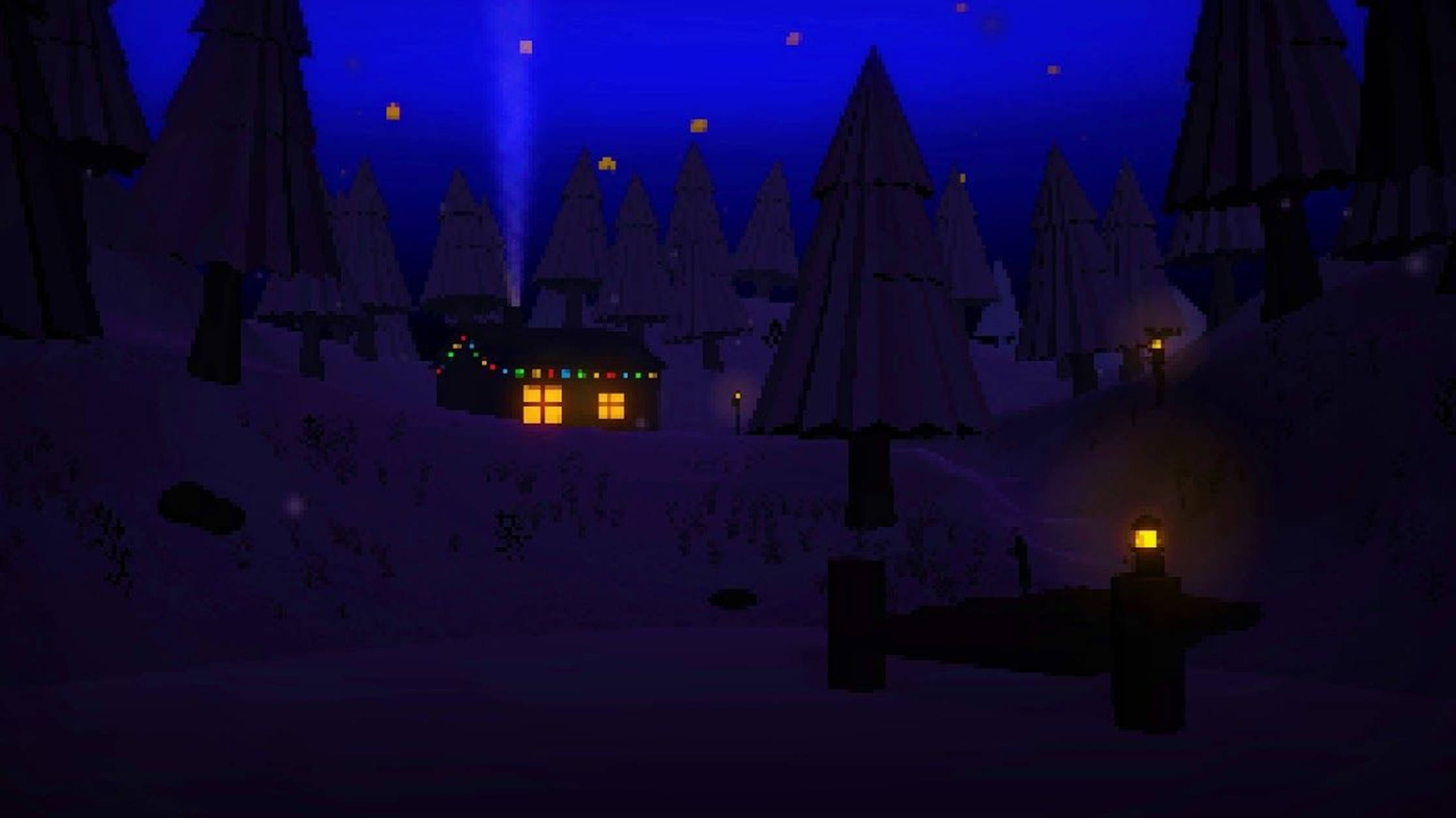 夜空 桌布 壁紙 — 一間舒適的小屋坐落在雪夜的森林中，在星空下溫暖地發光，附近有一盞燈籠。