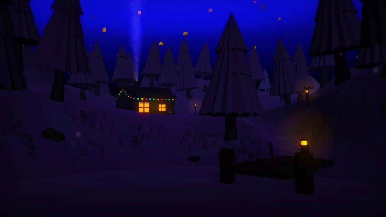 背景 桌布 壁紙 — 一間舒適的小屋坐落在雪夜的森林中，在星空下溫暖地發光，燈籠投射出柔和的光芒。