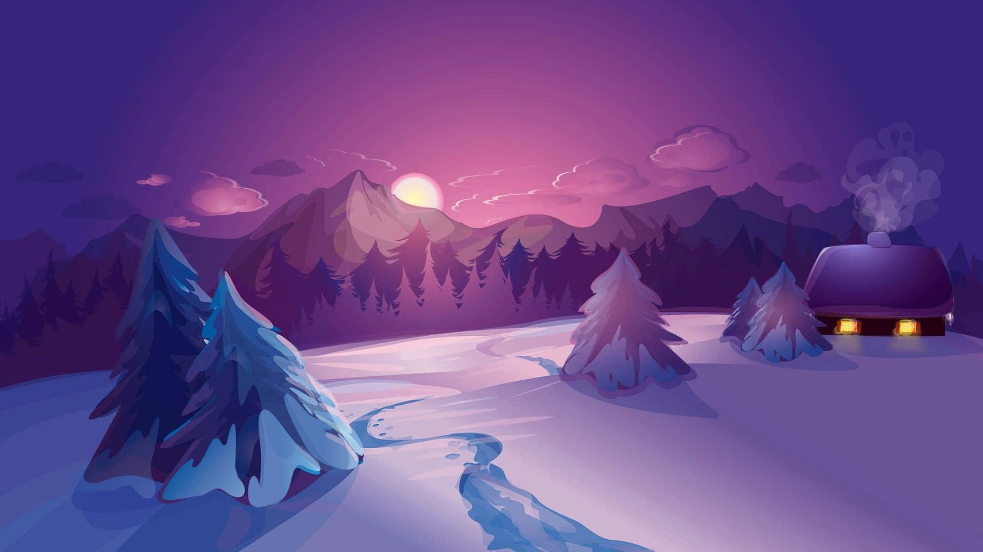 Cute Winter 桌布 壁紙 — 一間舒適的小屋坐落在雪山之中，紫色夕陽下，窗戶發光，屋頂升起蒸氣。