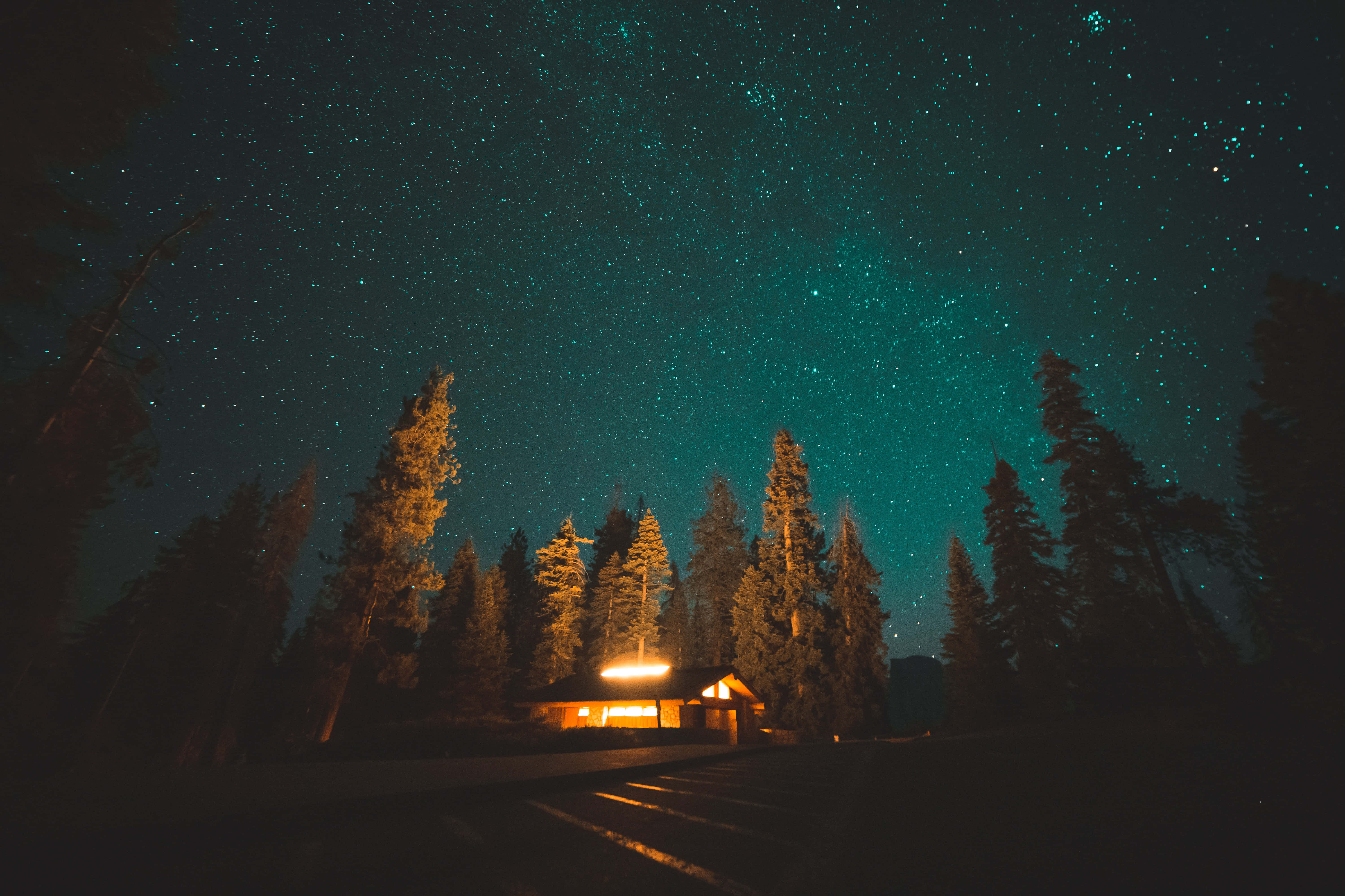 夜空 桌布 壁紙 — 一間舒適的小屋坐落在高大的松樹之間，上方是充滿活力的藍綠色星空。
