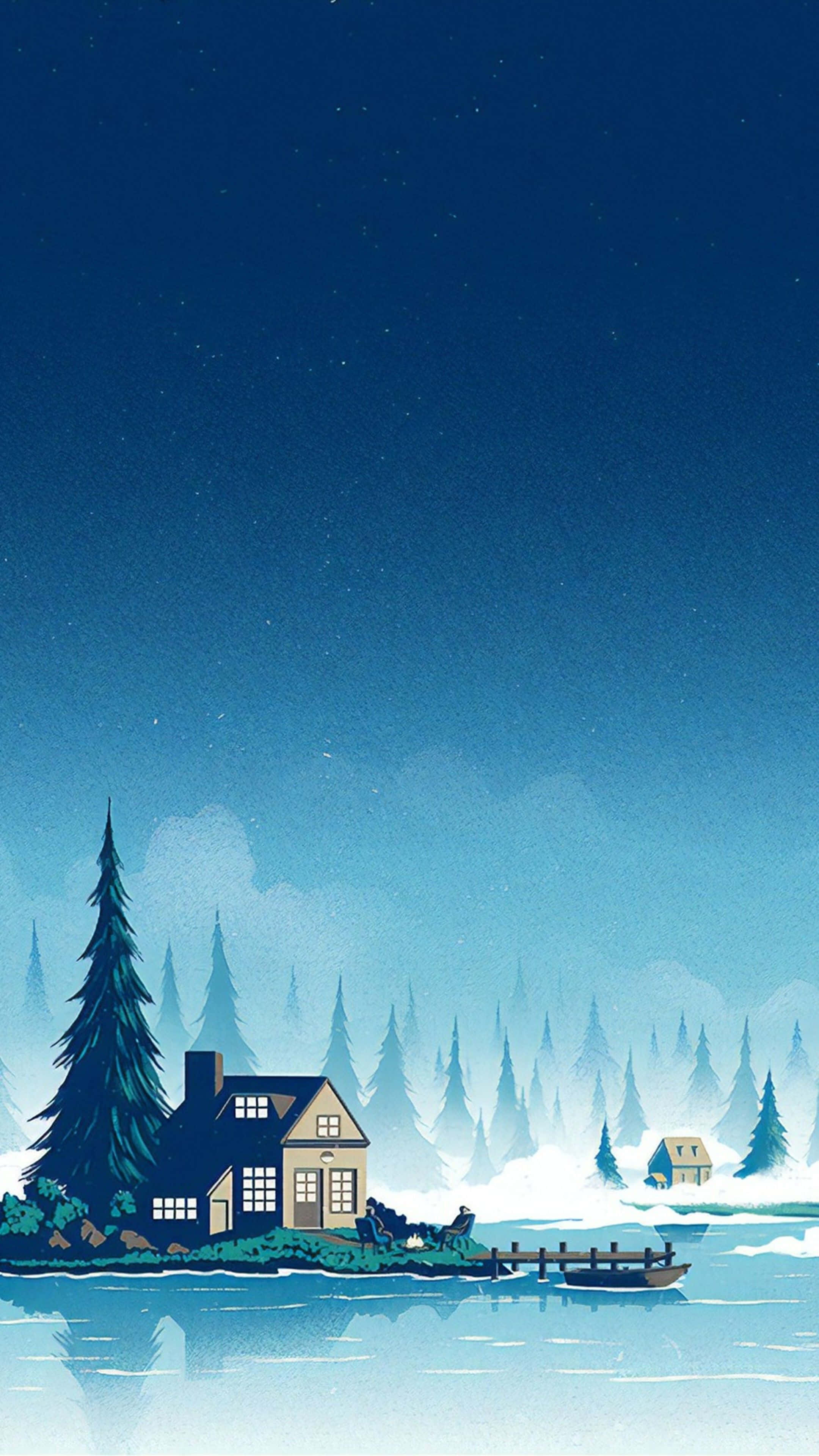 Minimalist Phone 桌布 壁紙 — 一間舒適的小木屋，位於結冰的湖邊，星空下，附近有松樹和停泊的小船。