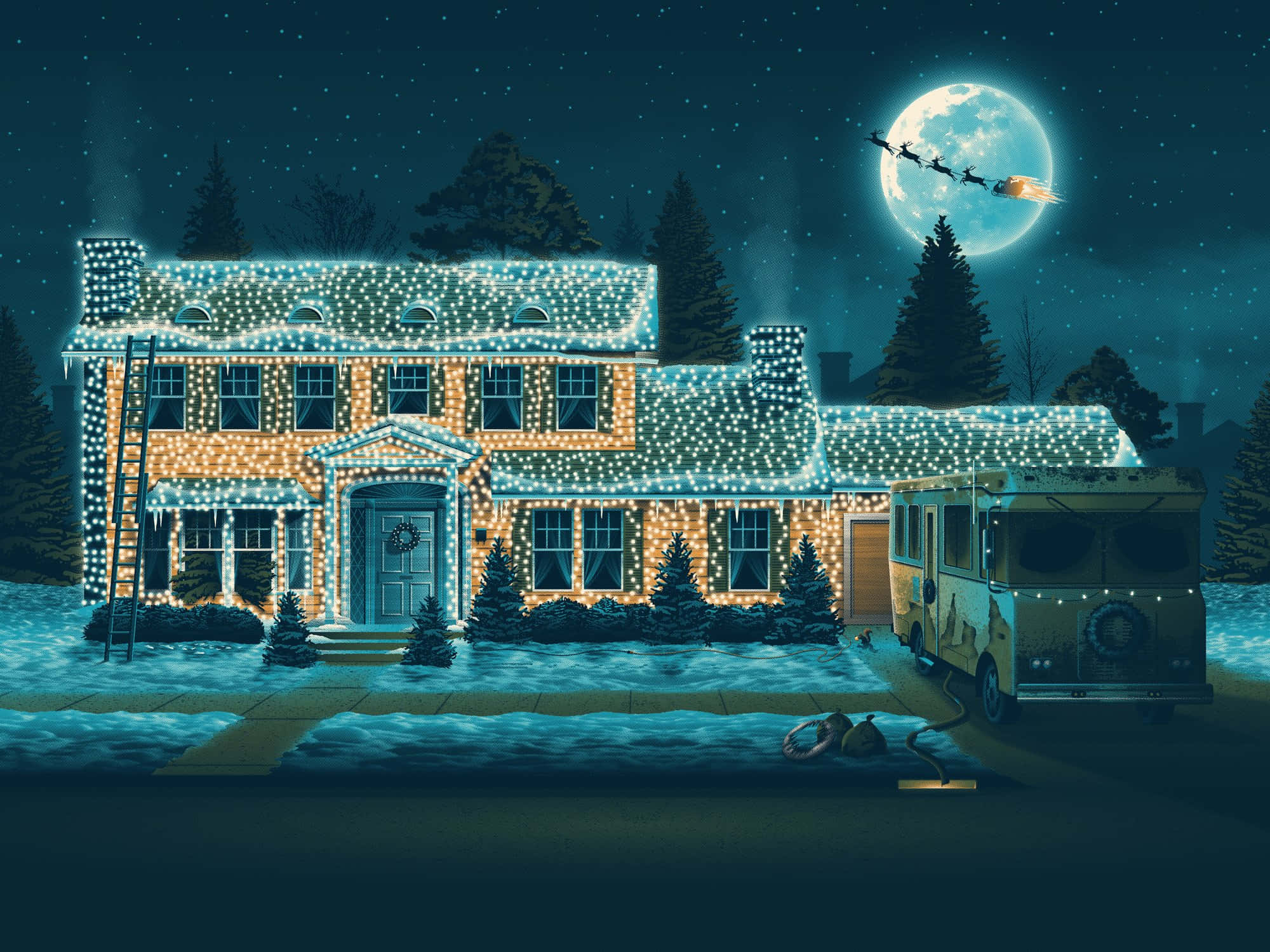Christmas Virtual 桌布 壁紙 — 一間舒適的房子被閃爍的聖誕燈飾覆蓋，滿月下聖誕老人乘雪橇飛過。