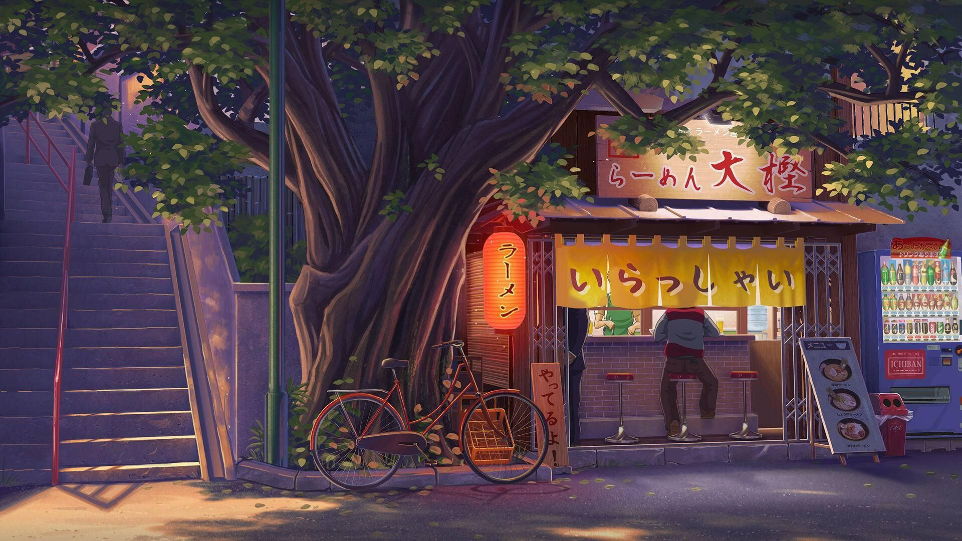 cute aesthetic pc 桌布 壁紙 — 一間舒適的拉麵店，坐落在一棵大樹下，溫暖的燈籠在黃昏時分閃爍著光芒。