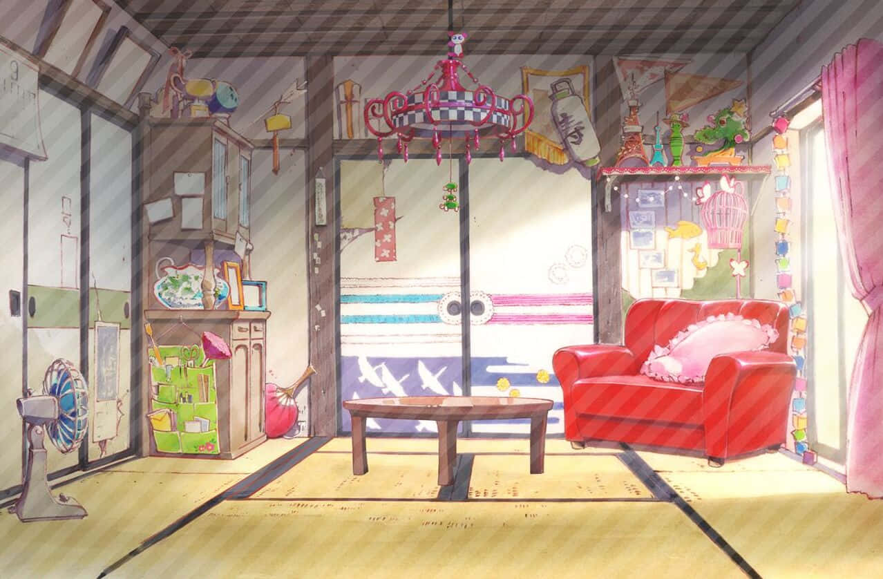 Anime Living Room 桌布 壁紙 — 一間舒適的日式房間，配有紅色沙發、木桌和色彩繽紛的裝飾，沐浴在溫暖的陽光中。