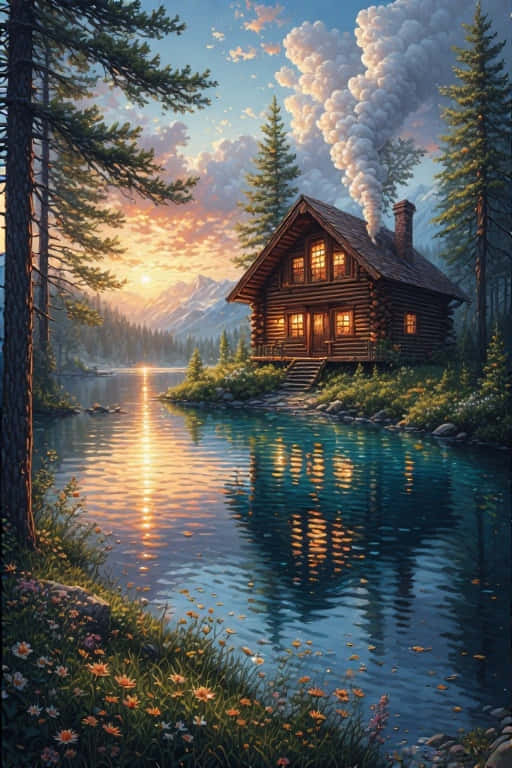 Lakeside Log Cabin Retreat Peaceful Mountain Nature 4K 壁紙 — 一間舒適的木屋，亮著溫暖的燈光，煙囪冒著裊裊炊煙，坐落在日落時分寧靜的湖邊，四周環繞著松樹和遠山。