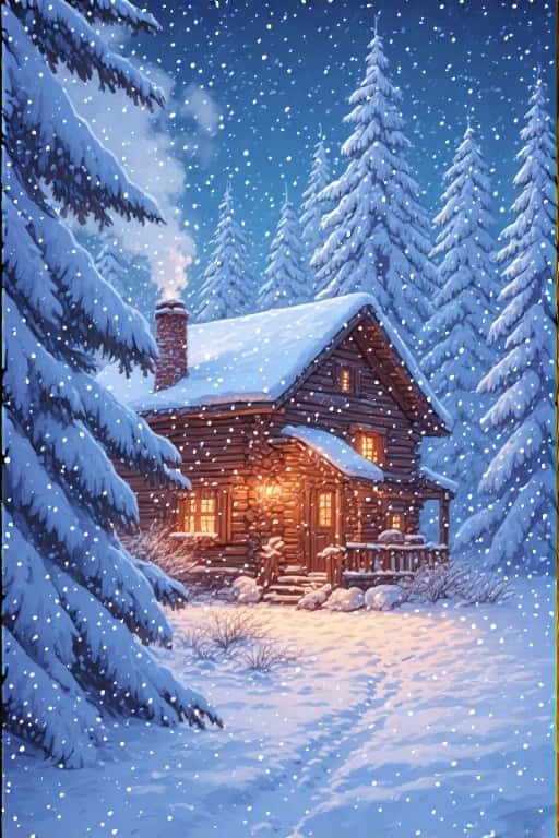 Snowy Winter Cabin in Pine Forest Magical 4K 壁紙 — 一間舒適的木屋，有溫暖發光的窗戶和冒煙的煙囪，坐落在白雪覆蓋的松樹林中，在繁星點點的夜空下。
