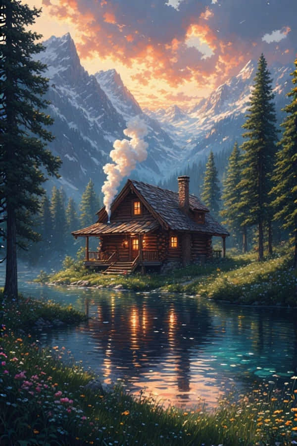 Log Cabin 桌布 壁紙 — 一間舒適的木屋，溫暖的燈光和裊裊炊煙，坐落在平靜的河邊，河水倒映著夕陽火紅的雲彩和白雪覆蓋的山峰。