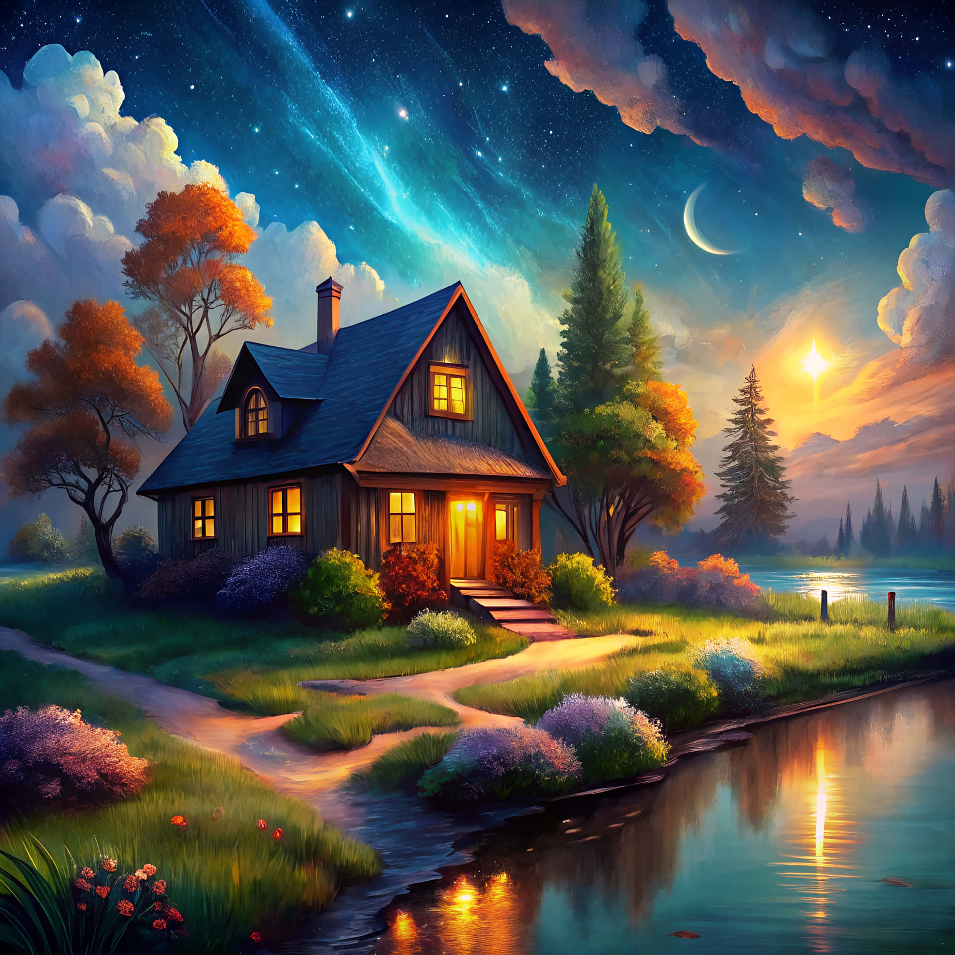 House landscape at night 壁紙 — 一間舒適的木屋，窗戶發光，坐落在河邊，星空暮色天空下，有新月和彩色雲朵。
