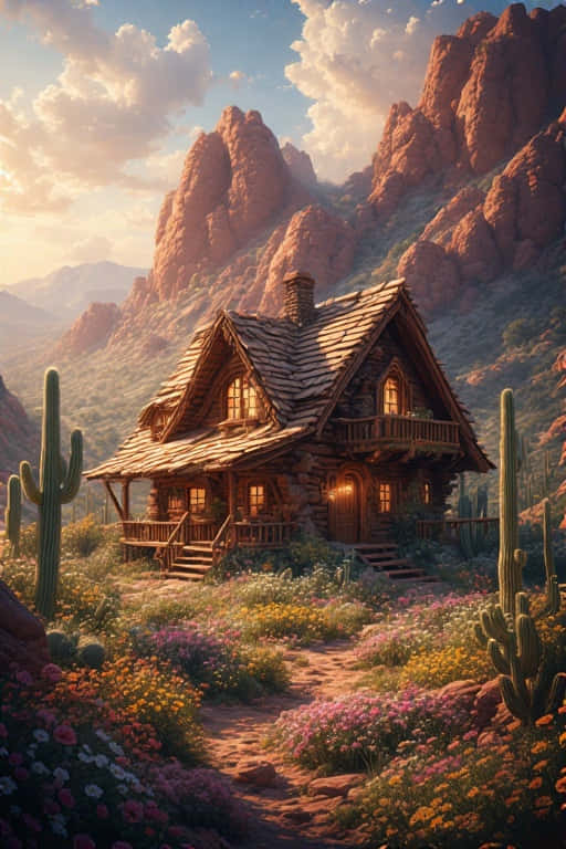 Desert Oasis Cabin with Wildflowers  Warm Nature 4K 壁紙 — 一間舒適的木屋，窗戶透出溫暖的光芒，坐落在色彩繽紛的野花和高大的仙人掌之中，位於高聳的紅色岩層腳下，天空呈現柔和的金色。