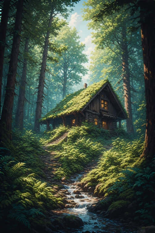 Cozy Cabin in Lush Mossy Forest Nature 4K 壁紙 — 一間舒適的木屋，長滿青苔的屋頂，坐落在陽光明媚的森林中，溫暖的窗戶發出柔和的光芒。