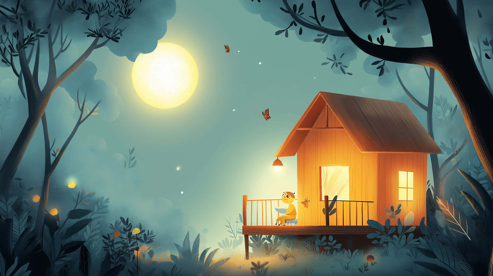 Enchanted Woodland Cabin Scene Under a Full Moon 壁紙 — 一間舒適的木屋在滿月下溫暖地發光，一隻狐狸在門廊上閱讀，周圍環繞著樹木和翩翩起舞的蝴蝶。