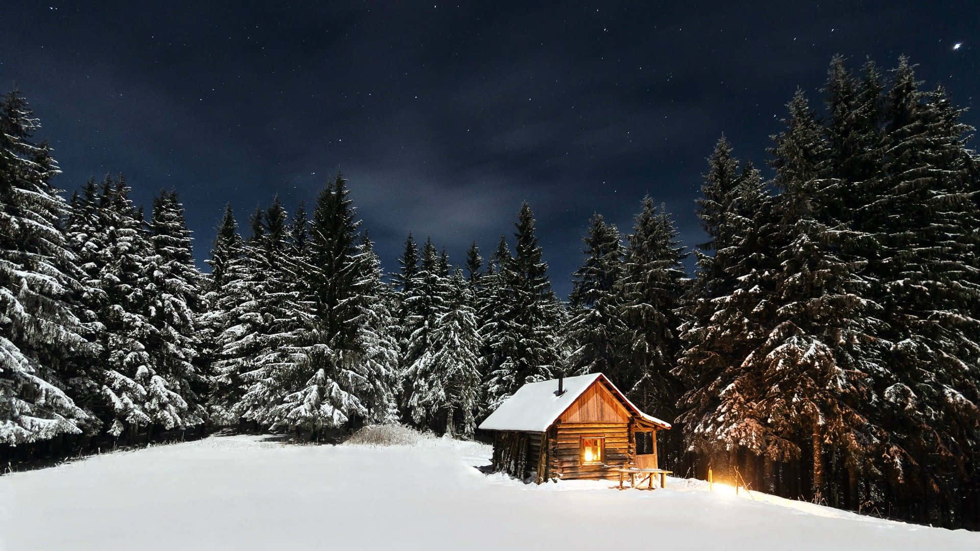 Christmas Winter Wonderland 桌布 壁紙 — 一間舒適的木屋在繁星點點的冬夜天空下溫暖地發光，周圍是白雪覆蓋的松樹。