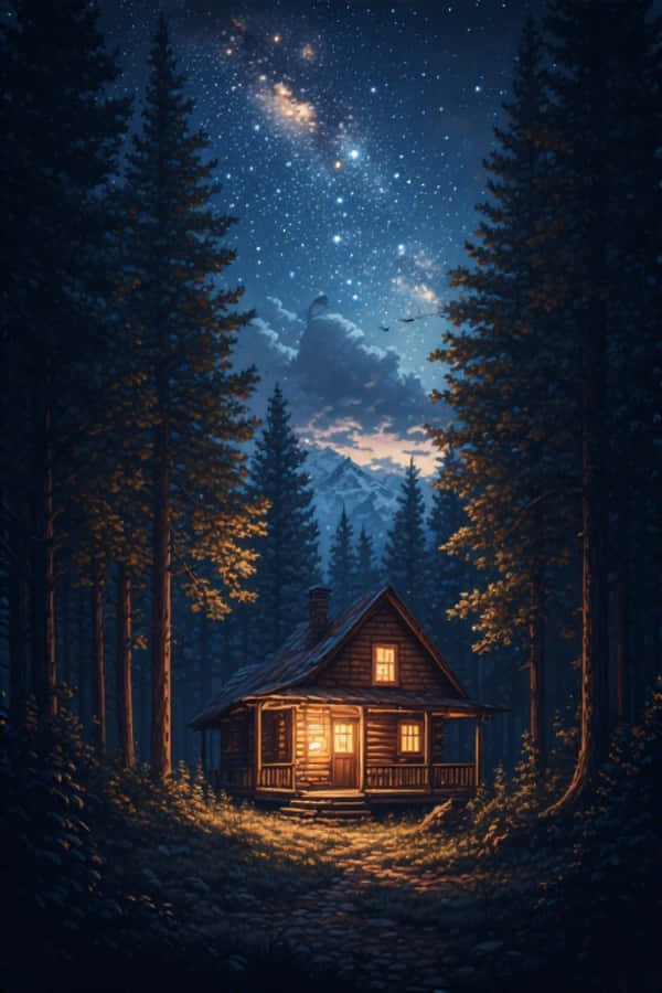 cabin 桌布 壁紙 — 一間舒適的木屋在繁星點點的夜空下溫暖地發光，周圍是高聳的松樹。