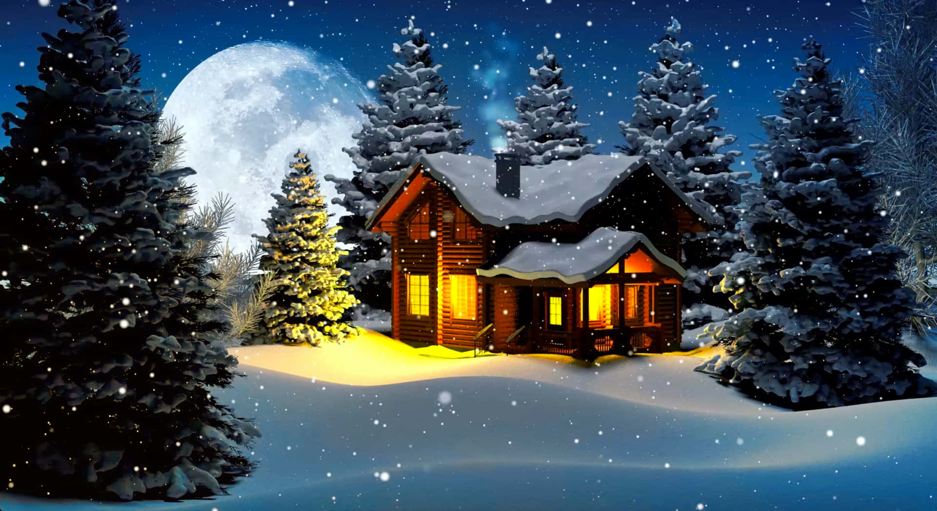 Winter Christmas Desktop 桌布 壁紙 — 一間舒適的木屋在雪月交輝的夜空下溫暖地發光，周圍是白雪覆蓋的松樹。