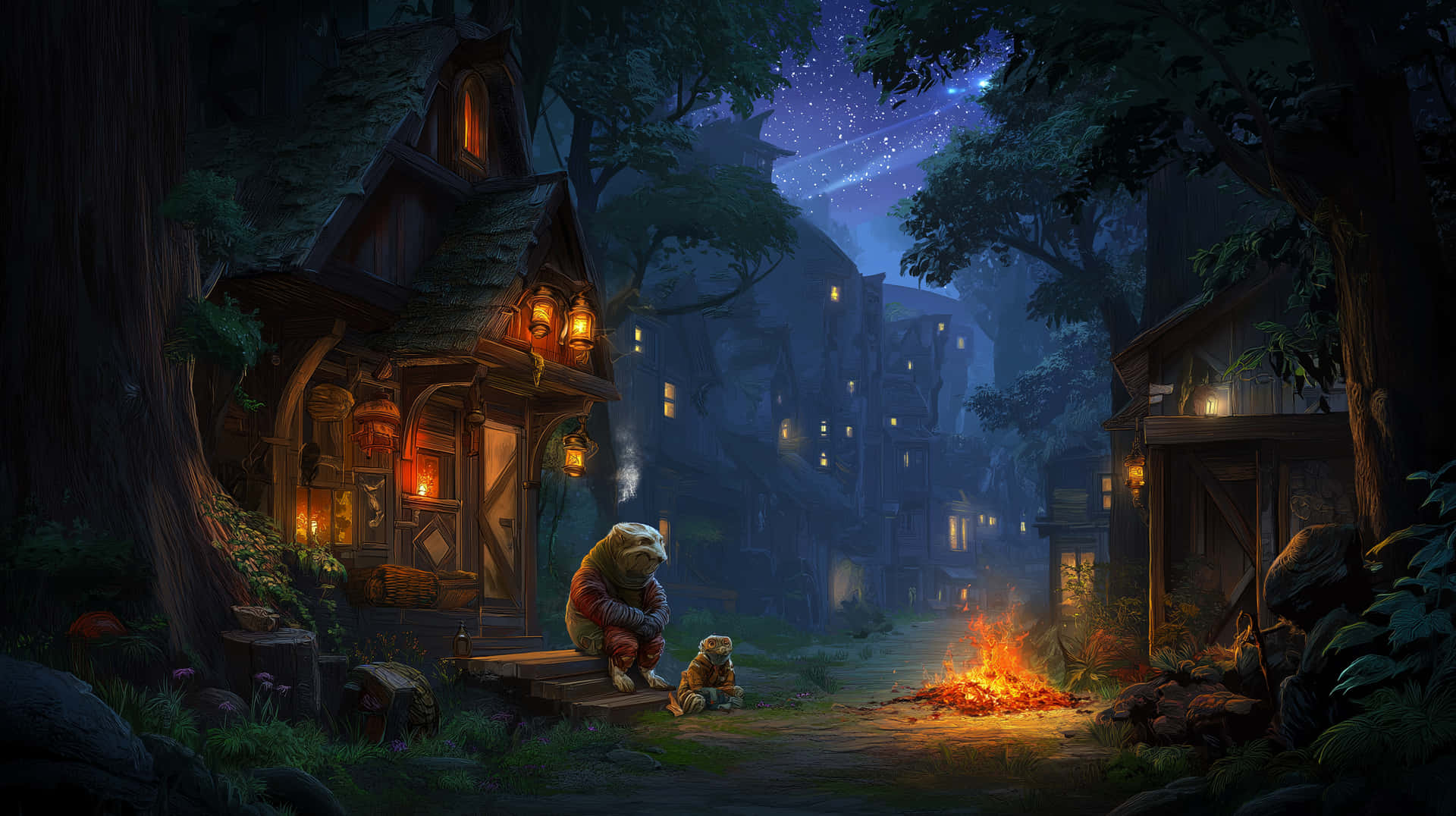 Whimsical Forest Hut 壁紙 — 一間舒適的木屋坐落在夜晚霧氣瀰漫的森林中，溫暖的燈籠閃爍，營火在星空下熊熊燃燒。
