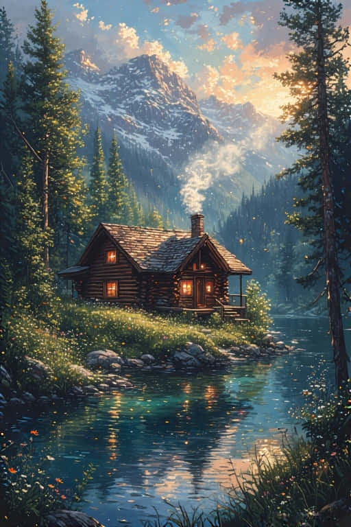 Lakeside Log Cabin Retreat Peaceful Mountain Nature 4K 壁紙 — 一間舒適的木屋坐落在寧靜的湖邊，積雪的山峰在夕陽下閃耀。