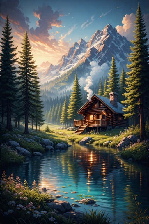 Lakeside Log Cabin Retreat Peaceful Mountain Nature 4K 壁紙 — 一間舒適的木屋坐落在平靜的河邊，周圍有白雪覆蓋的山脈和高大的松樹，天空呈現金色的日落景色。