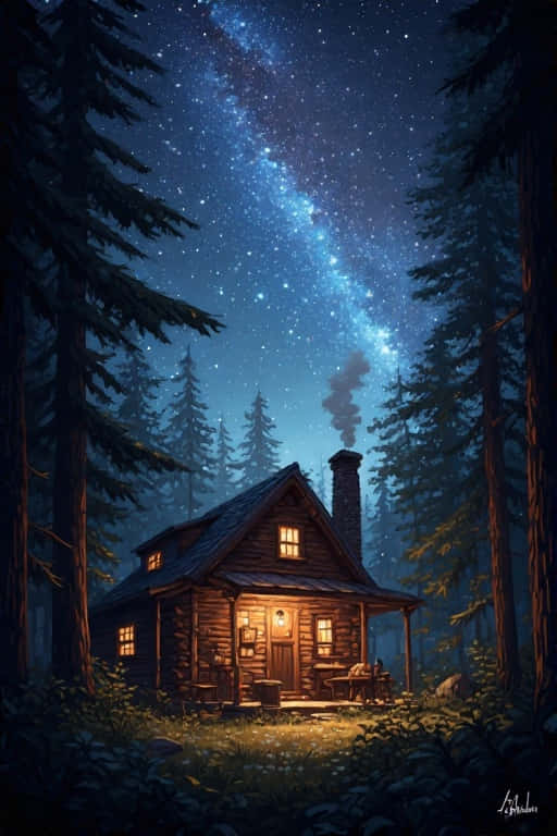 Cozy Nighttime Cabin in Woods Starry Nature 4K 壁紙 — 一間舒適的木屋坐落在松樹林中，上方是充滿活力的星空，閃爍的銀河拱跨天際。