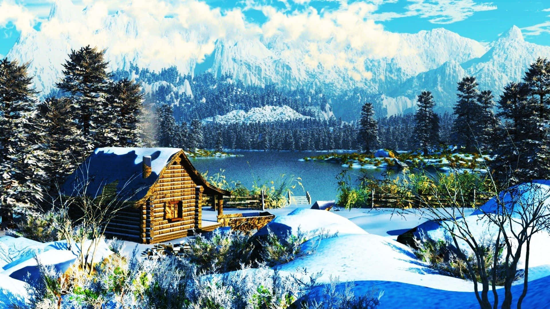 房屋 桌布 壁紙 — 一間舒適的木屋坐落在白雪皚皚的冬季樹林中，旁邊是一個結冰的湖泊，背景是白雪覆蓋的山脈。
