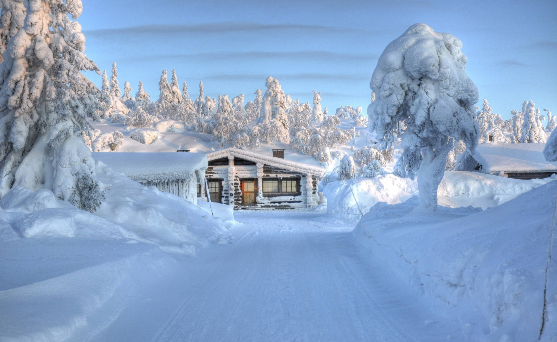冬日森林中被雪覆蓋的小屋與藍天