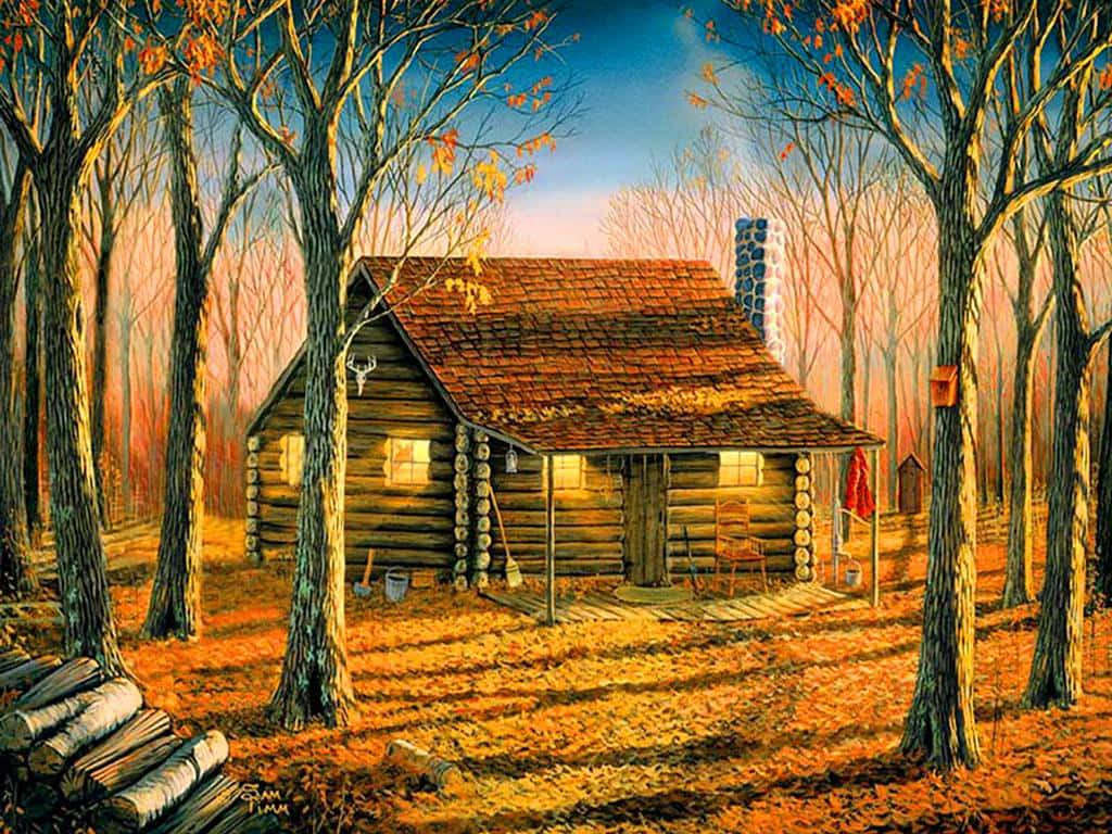 Fall Cabin 桌布 壁紙 — 一間舒適的木屋坐落在秋日樹林中，在暮色天空下，窗戶透出溫暖的燈光。