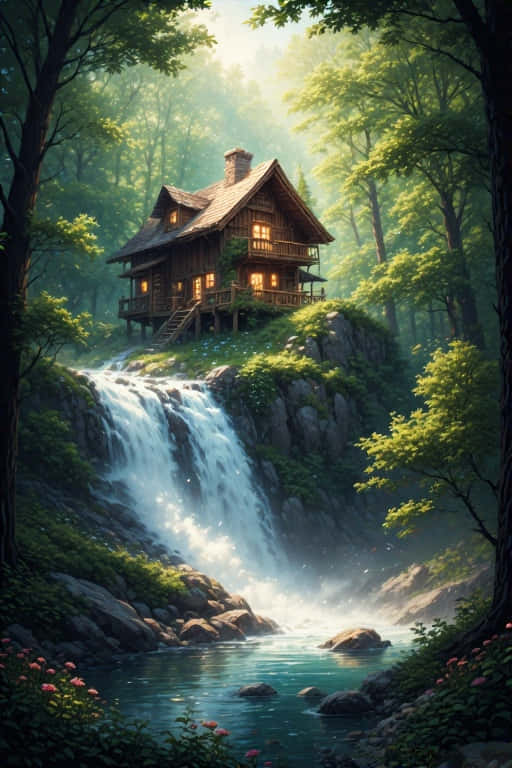 Cozy Cabin by Waterfall Dreamy Nature 4K 壁紙 — 一間舒適的木屋坐落在長滿青苔的懸崖上，俯瞰著被茂密綠色森林環繞的層疊瀑布。
