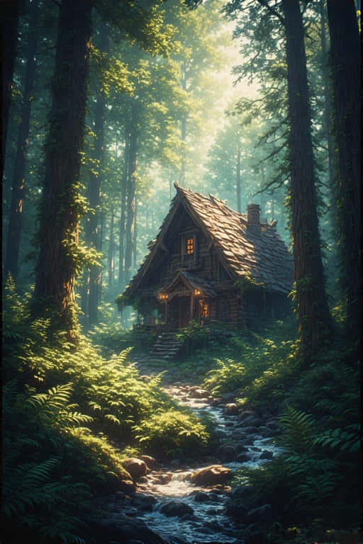 Cozy Cabin in Lush Mossy Forest Nature 4K 壁紙 — 一間舒適的木屋坐落在陽光明媚的森林中，一條小溪流過家門口。