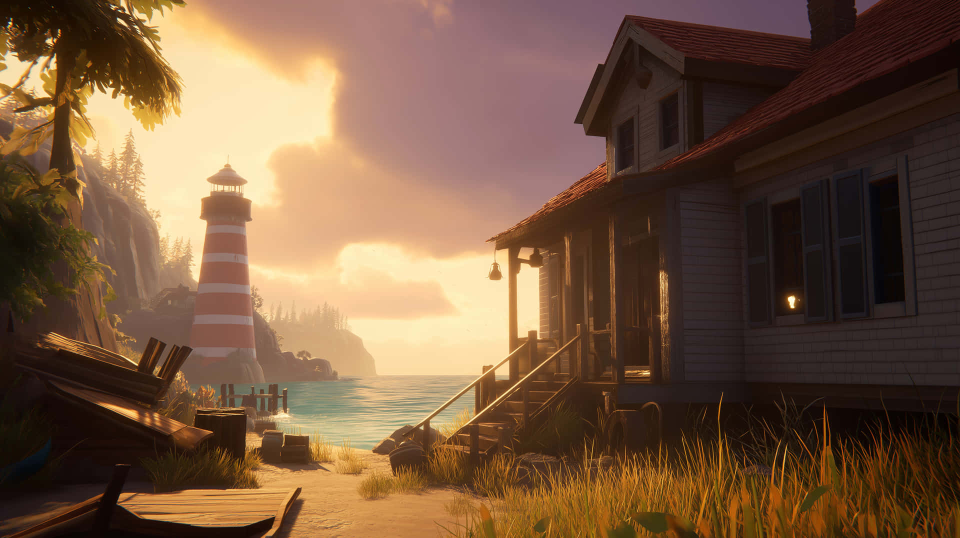 Scenic Coastal Lighthouse and House at Golden Hour Sunset 壁紙 — 一間舒適的木屋帶有門廊，俯瞰著平靜的大海，旁邊是一座紅白條紋的燈塔，正值日落時分。
